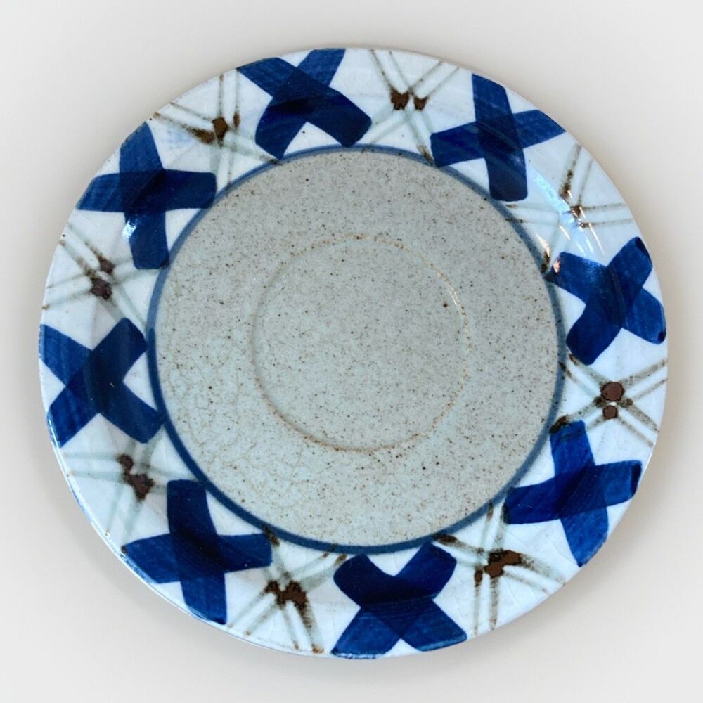 Otagiri Saucer, Small Plate Japan Hand Crafted Blue Brown Cross Mid Century